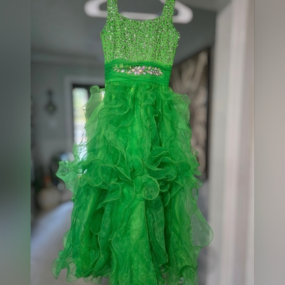 Green Ruffled Pageant Dress with Beaded Bodice - Picture 1 of 6